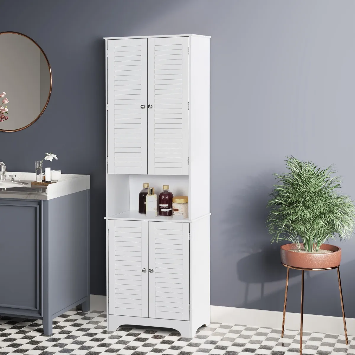 HOMCOM Tall Freestanding Bathroom Cabinet with Retro Shutters, Spacious Storage & Durable Design - White