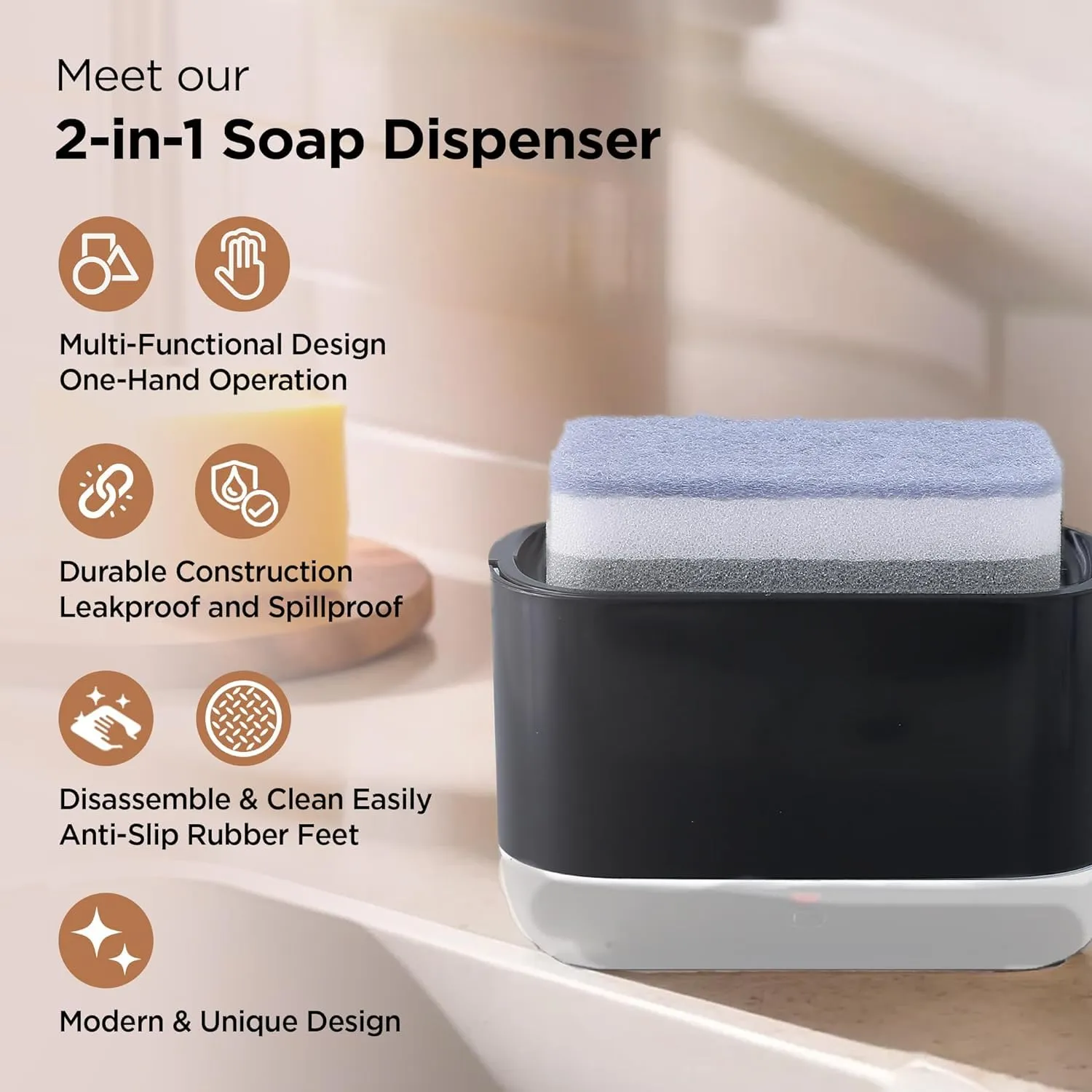 Homestic 2 in 1 Press Soap Dish for Kitchen with Sponger Holder | 300 ml | Hollow Design | Durable & Smooth Body | Soap Dispenser for Bathroom & Kitchen | Dishwashing Liquid Dispenser | Black