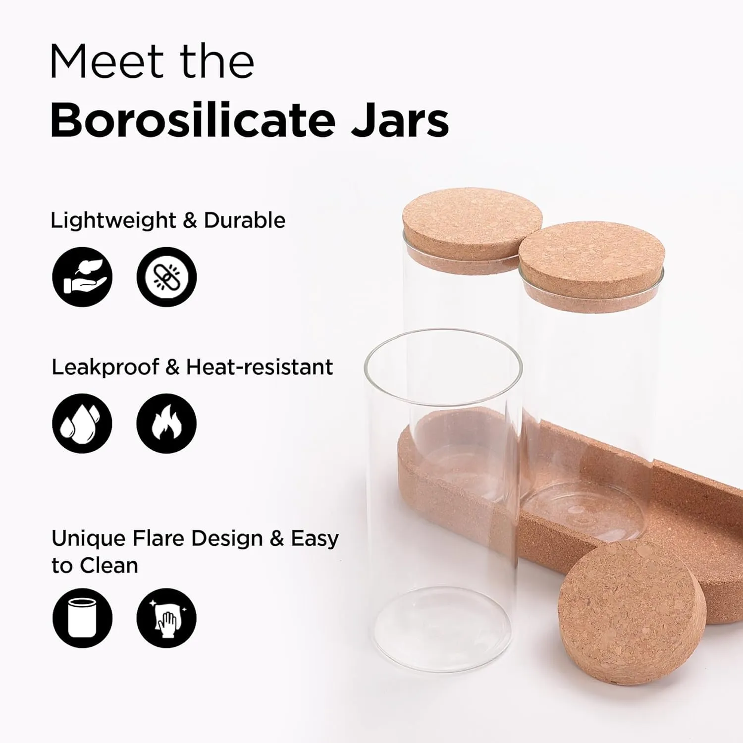 Homestic Borosilicate Glass Jars for Kitchen with Cork Lid and Cork Tray | Kitchen Containers Set | Pack of 3 | 700ml | Airtight Glass Containers with lid | Multipurpose | Transparent