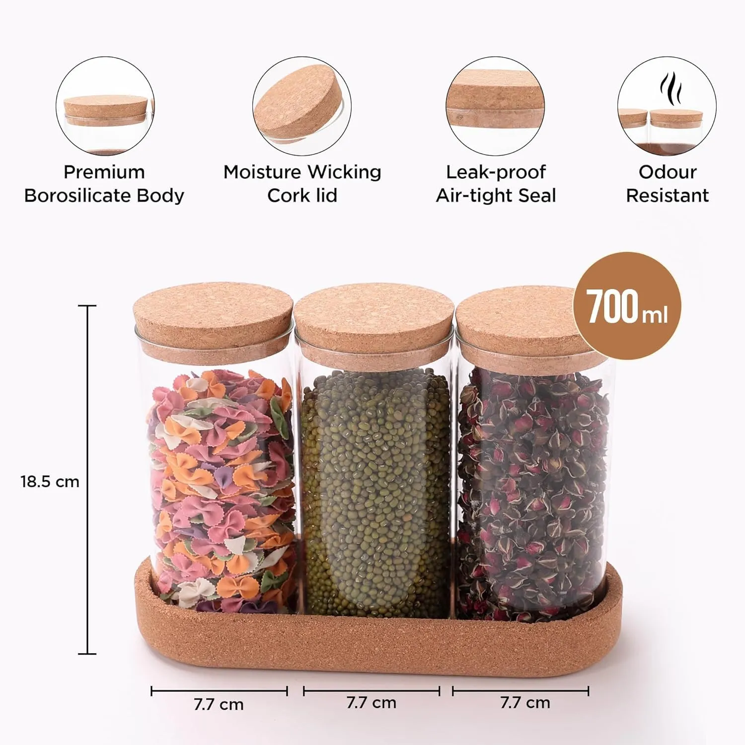 Homestic Borosilicate Glass Jars for Kitchen with Cork Lid and Cork Tray | Kitchen Containers Set | Pack of 3 | 700ml | Airtight Glass Containers with lid | Multipurpose | Transparent