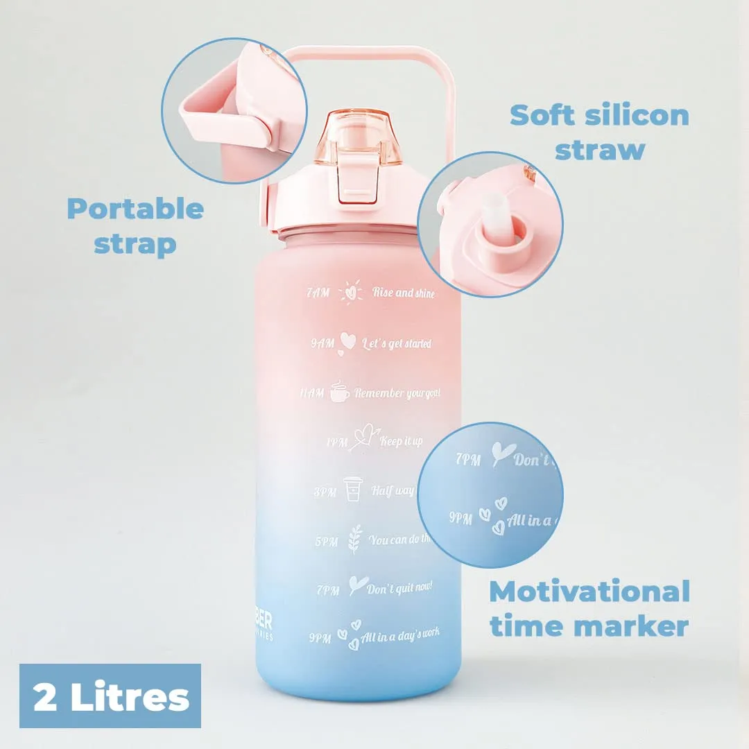 Homestic Motivational 2 Litre Water Bottle with Time Marker|BPA Free,Leakproof,Non-Toxic & Durable|Sipper Water Bottle for Kids & Adults with Straw|For Gym,Home,Office & School |Pink