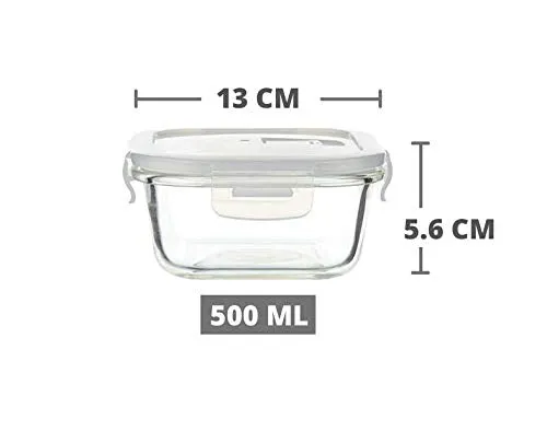 HOMIES, Set of 2 pieces, Square Glass Food Storage Container with Pink lids (lunch box/storage organizer), Air Tight and BPA Free - Capacity: 500 ml each, Dimension: 13X5.6 cms each