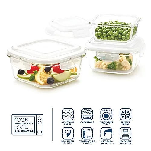 HOMIES, Set of 2 pieces, Square Glass Food Storage Container with Pink lids (lunch box/storage organizer), Air Tight and BPA Free - Capacity: 500 ml each, Dimension: 13X5.6 cms each