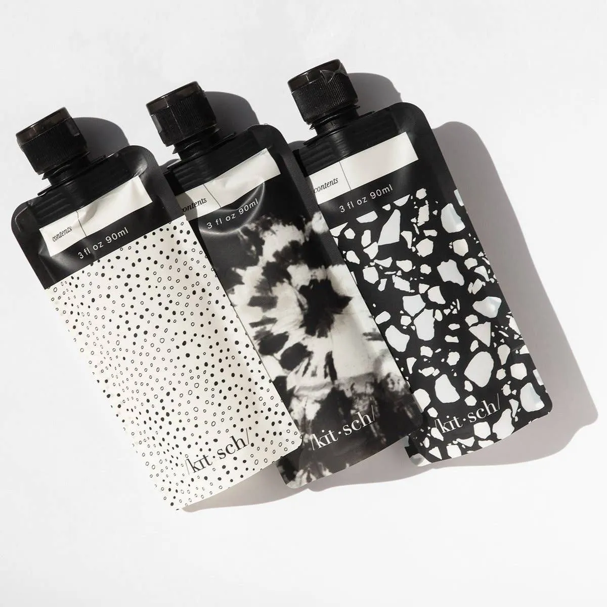 KITSCH - Refillable Travel Pouches 3pc Set - Black & Ivory