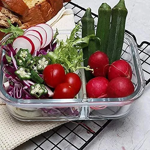 KriVat Glass Lunch Box Microwave Oven Safe Food Containers Tiffin 1000 ML 2 Partition/Compartment with Clamp Plastic Lid Proof Airtight (Set 0F 1)