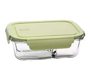 KriVat Glass Lunch Box Microwave Oven Safe Food Containers Tiffin 1000 ML 2 Partition/Compartment with Clamp Plastic Lid Proof Airtight (Set 0F 1)