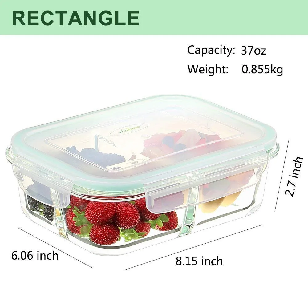 KriVat Glass Lunch Box Microwave Oven Safe Food Containers Tiffin 1000 ML 2 Partition/Compartment with Clamp Plastic Lid Proof Airtight (Set 0F 1)