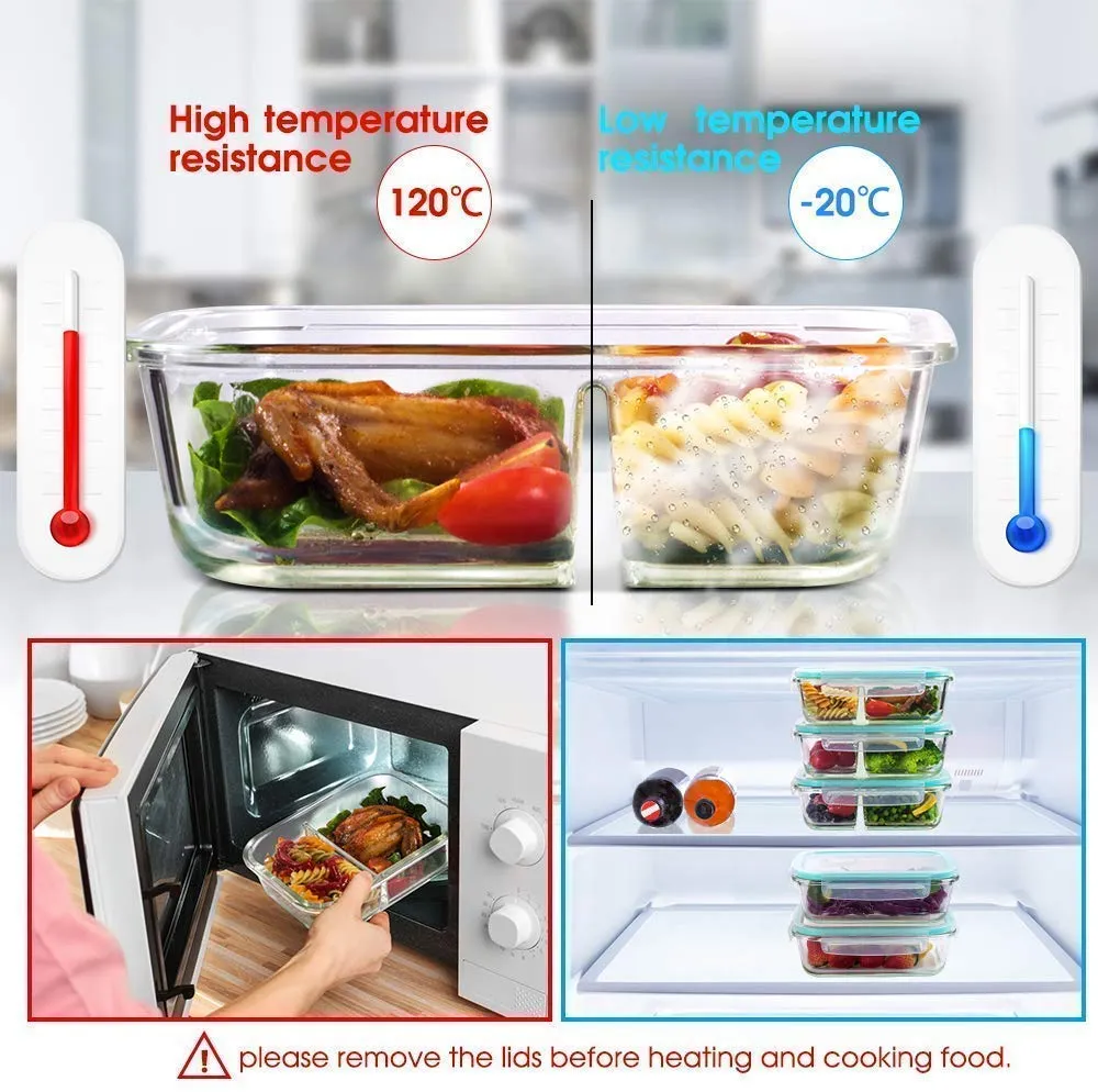 KriVat Glass Lunch Box Microwave Oven Safe Food Containers Tiffin 1000 ML 2 Partition/Compartment with Clamp Plastic Lid Proof Airtight (Set 0F 1)