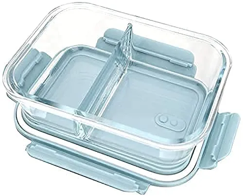 KriVat Glass Lunch Box Microwave Oven Safe Food Containers Tiffin 1000 ML 2 Partition/Compartment with Clamp Plastic Lid Proof Airtight (Set 0F 1)