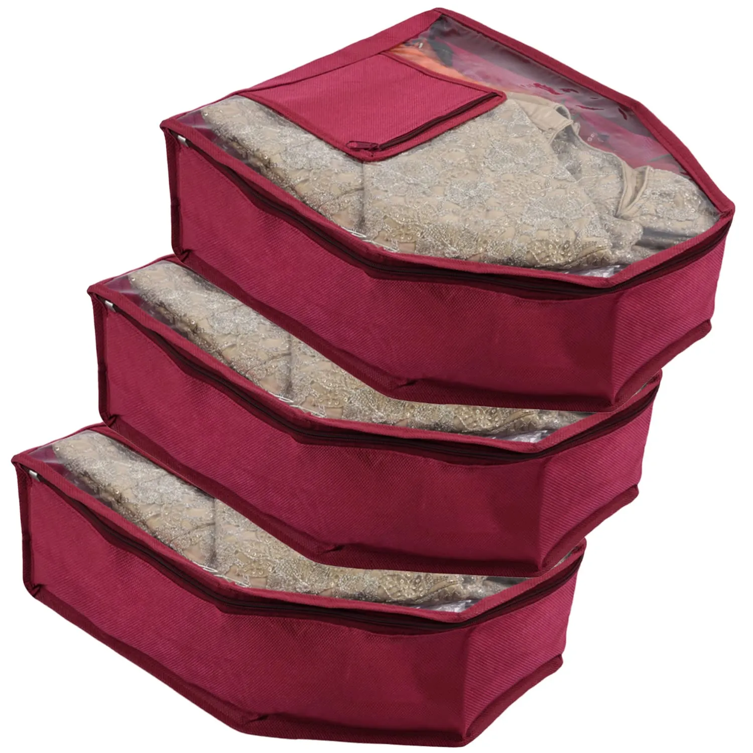 Kuber Industries Blouse Cover | Non Woven Foldable Wardrobe Organizer For Woman | Cloth Organizer Top Transparent & One Small Pocket | Pack of 3 | Maroon