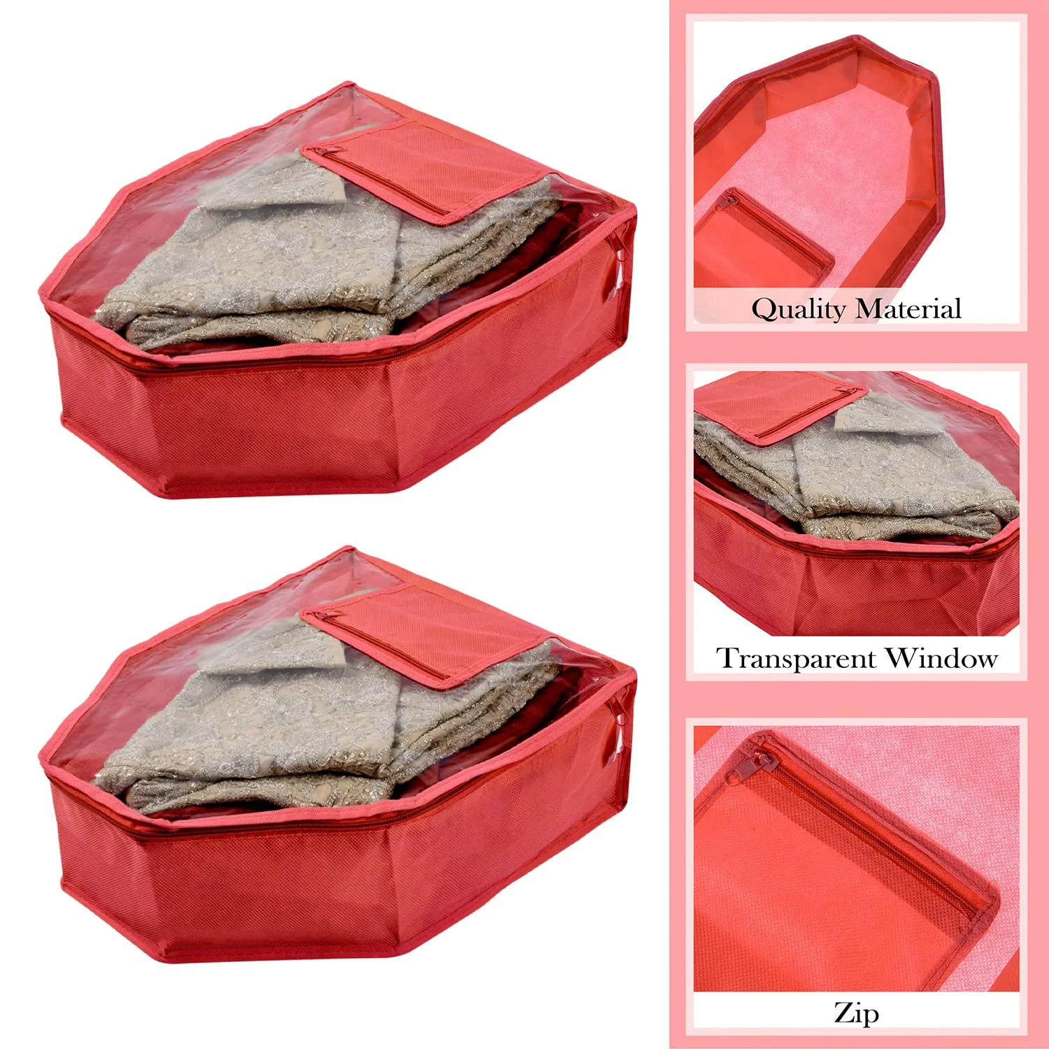 Kuber Industries Blouse Cover | Non Woven Foldable Wardrobe Organizer For Woman | Cloth Organizer Top Transparent & One Small Pocket | Pack of 3 | Red