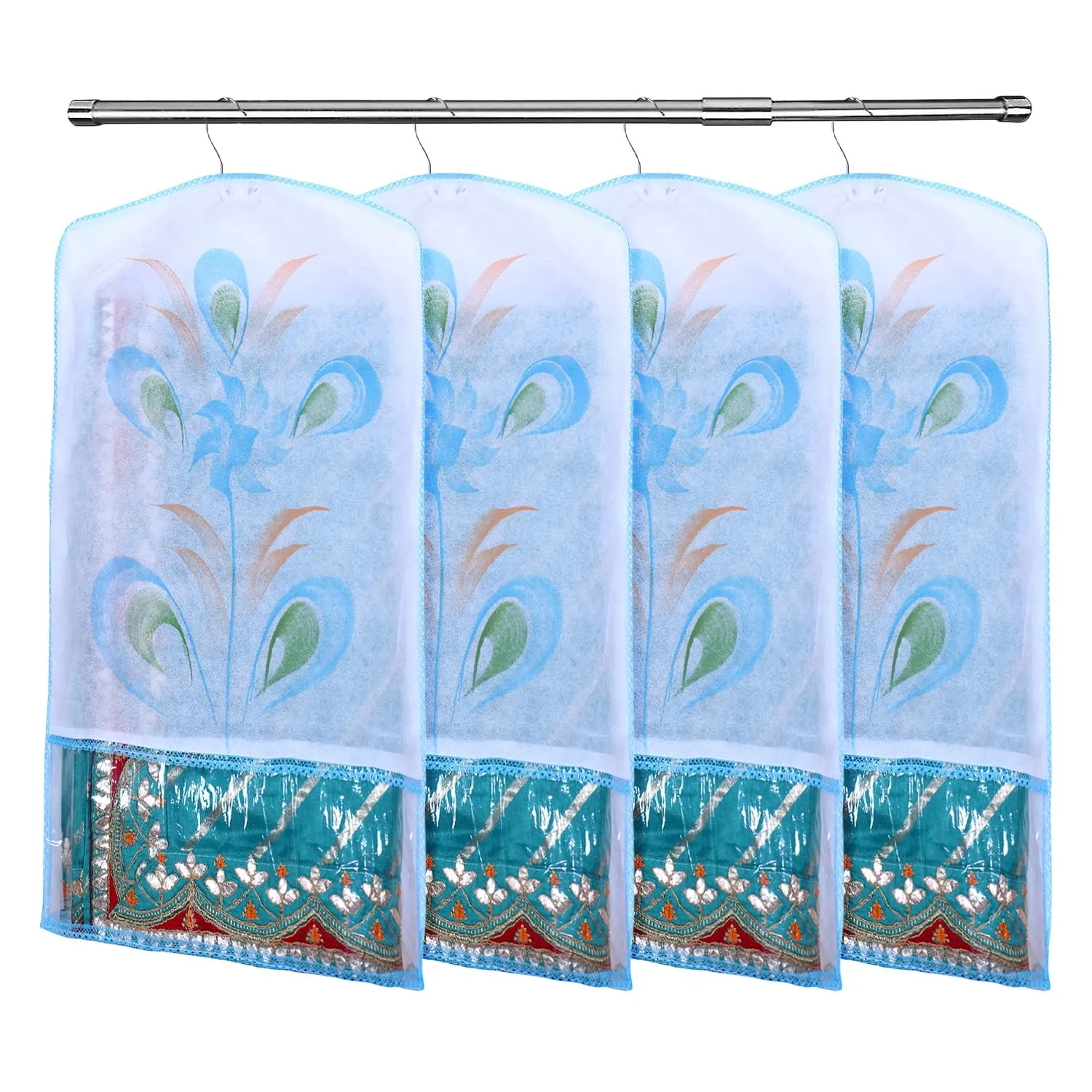 Kuber Industries Hanging Saree Cover | Brush Painting Pattern Saree Cover | Non-Woven Saree Covers for Home | Saree Cover with Small Transparent view | Pack of 12 | Sky Blue