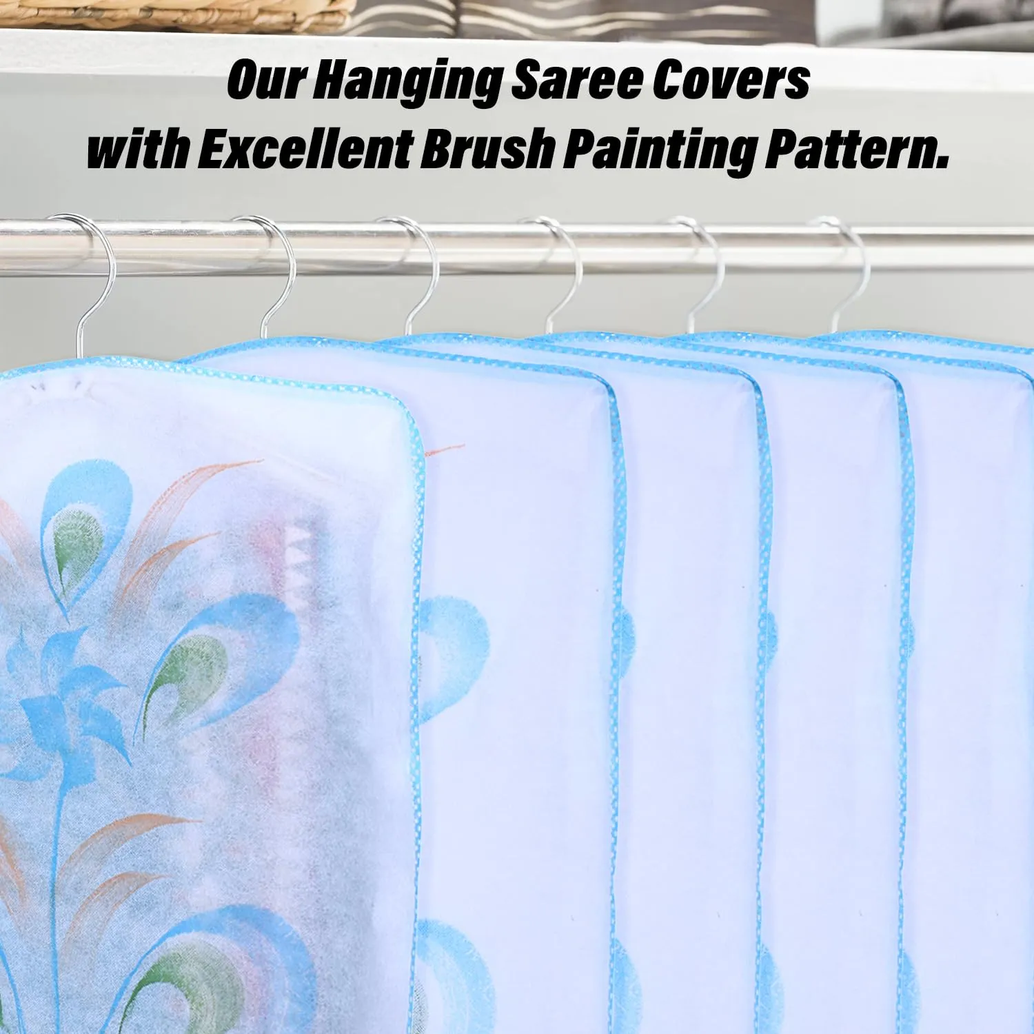 Kuber Industries Hanging Saree Cover | Brush Painting Pattern Saree Cover | Non-Woven Saree Covers for Home | Saree Cover with Small Transparent view | Pack of 12 | Sky Blue