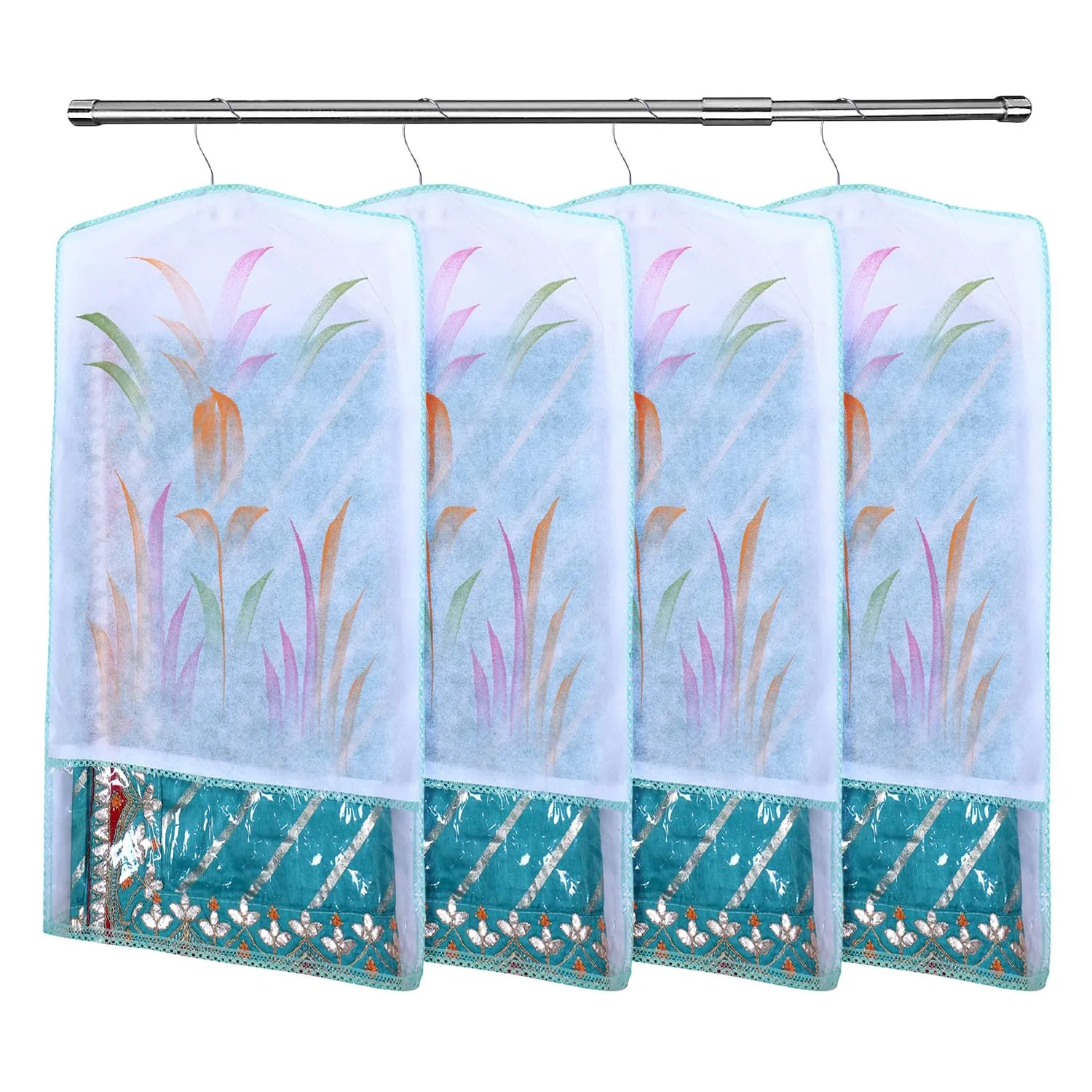 Kuber Industries Hanging Saree Cover | Brush Painting Pattern Saree Cover | Non-Woven Saree Covers for Home | Saree Cover with Small Transparent view | Pack of 3 | Green