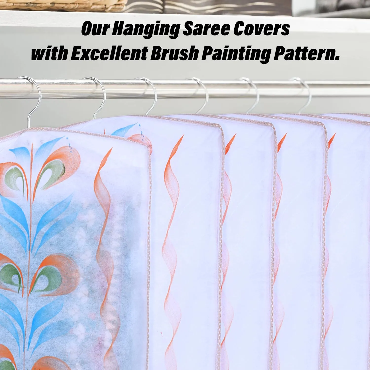 Kuber Industries Hanging Saree Cover | Brush Painting Pattern Saree Cover | Non-Woven Saree Covers for Home | Saree Cover with Small Transparent view | Pack of 3 | Peach