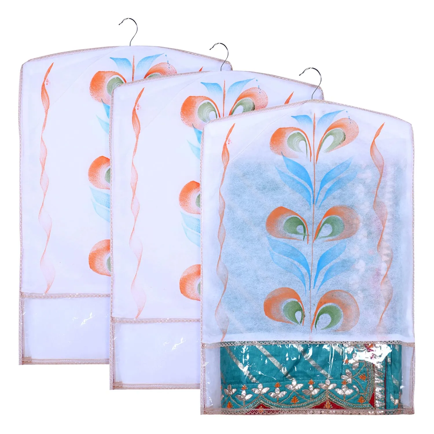 Kuber Industries Hanging Saree Cover | Brush Painting Pattern Saree Cover | Non-Woven Saree Covers for Home | Saree Cover with Small Transparent view | Pack of 3 | Peach