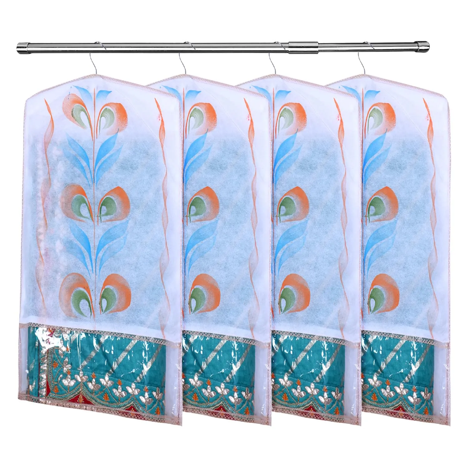 Kuber Industries Hanging Saree Cover | Brush Painting Pattern Saree Cover | Non-Woven Saree Covers for Home | Saree Cover with Small Transparent view | Pack of 3 | Peach