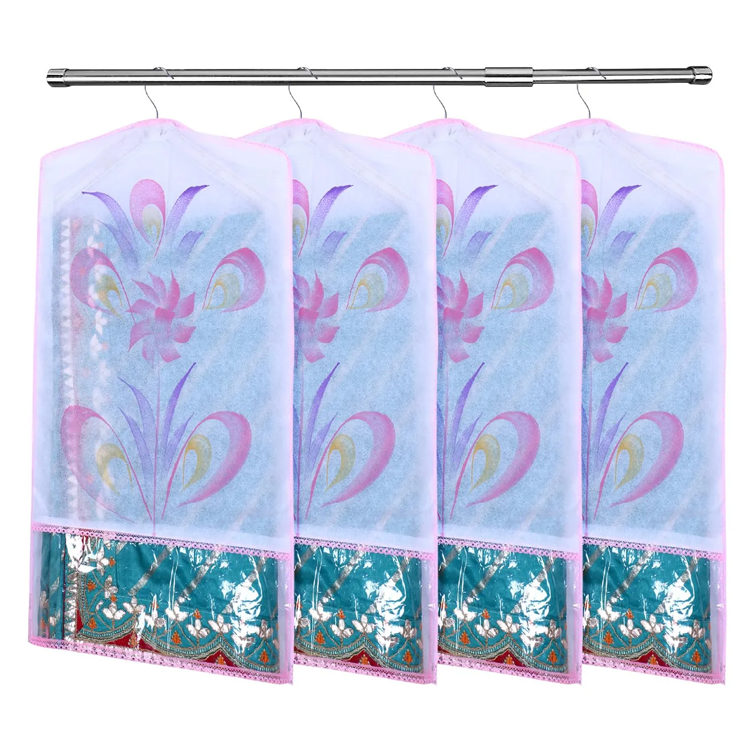 Kuber Industries Hanging Saree Cover | Brush Painting Pattern Saree Cover | Non-Woven Saree Covers for Home | Saree Cover with Small Transparent view | Pack of 6 | Pink