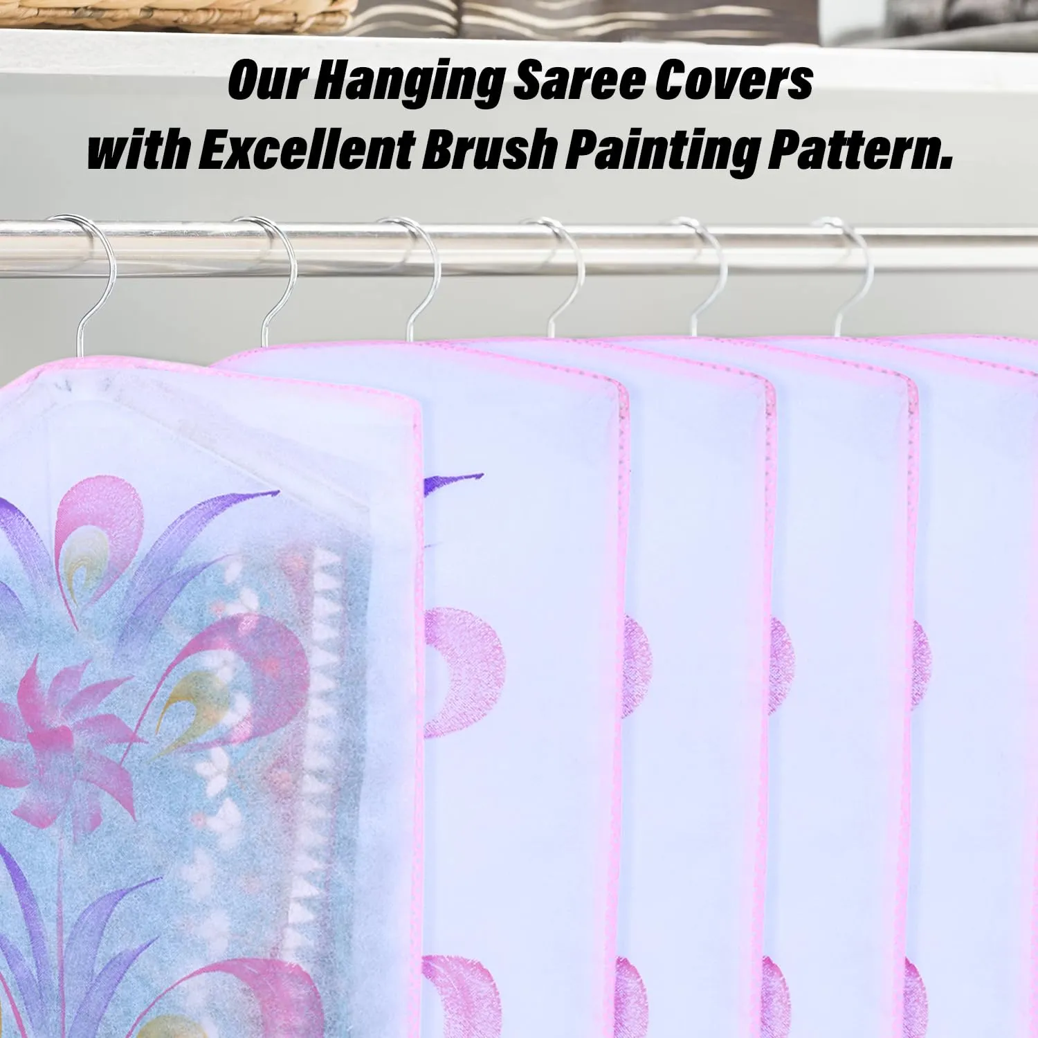 Kuber Industries Hanging Saree Cover | Brush Painting Pattern Saree Cover | Non-Woven Saree Covers for Home | Saree Cover with Small Transparent view | Pack of 6 | Pink