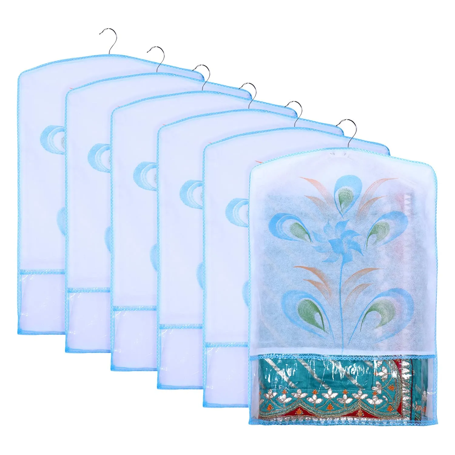 Kuber Industries Hanging Saree Cover | Brush Painting Pattern Saree Cover | Non-Woven Saree Covers for Home | Saree Cover with Small Transparent view | Pack of 6 | Sky Blue