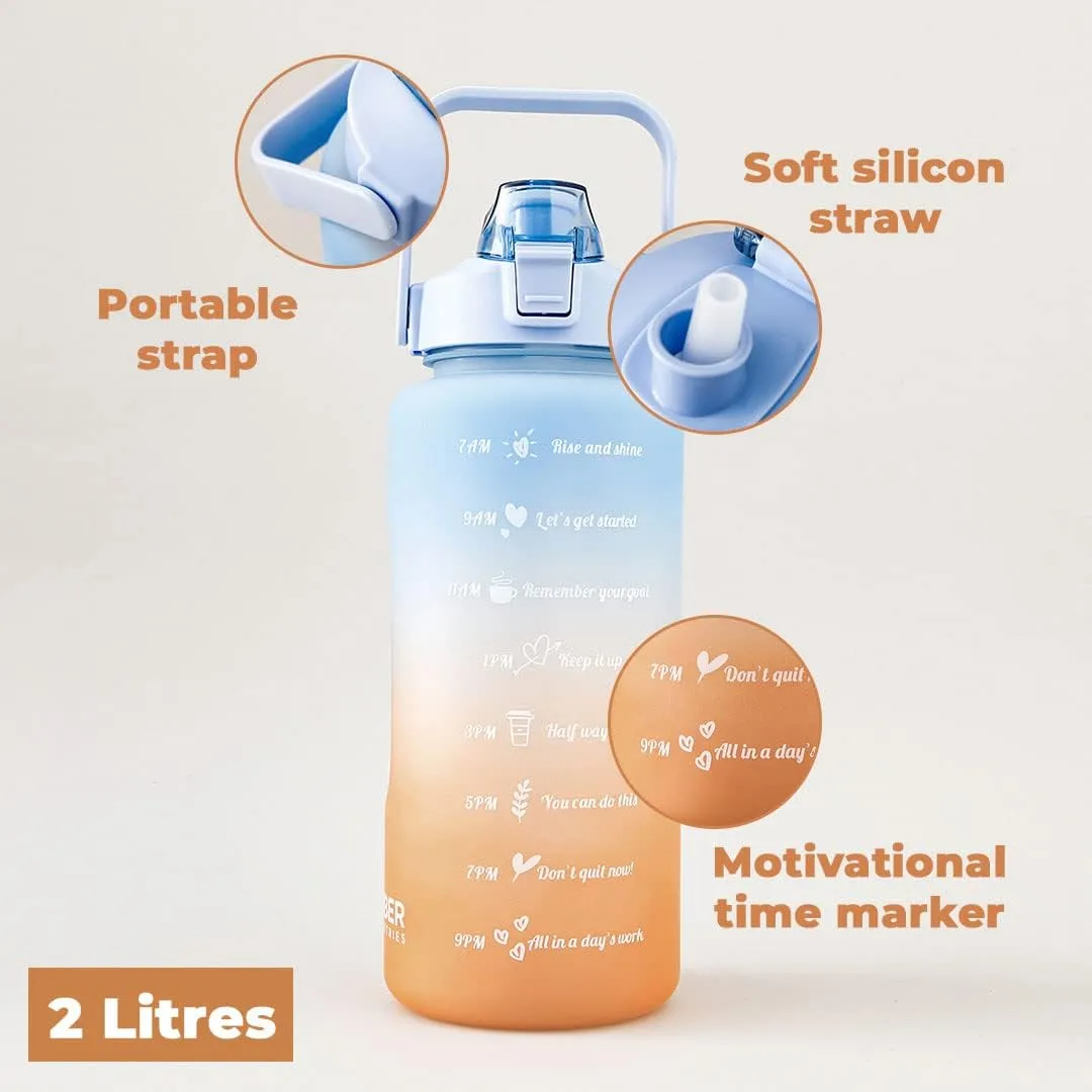 Kuber Industries Motivational 2 LTR Water Bottle with Time Marker|BPA Free,Leakproof,Non-Toxic & Durable|Sipper Water Bottle for Kids & Adults with Straw|For Gym,Home,Office & School |Blue (Pack Of 2)