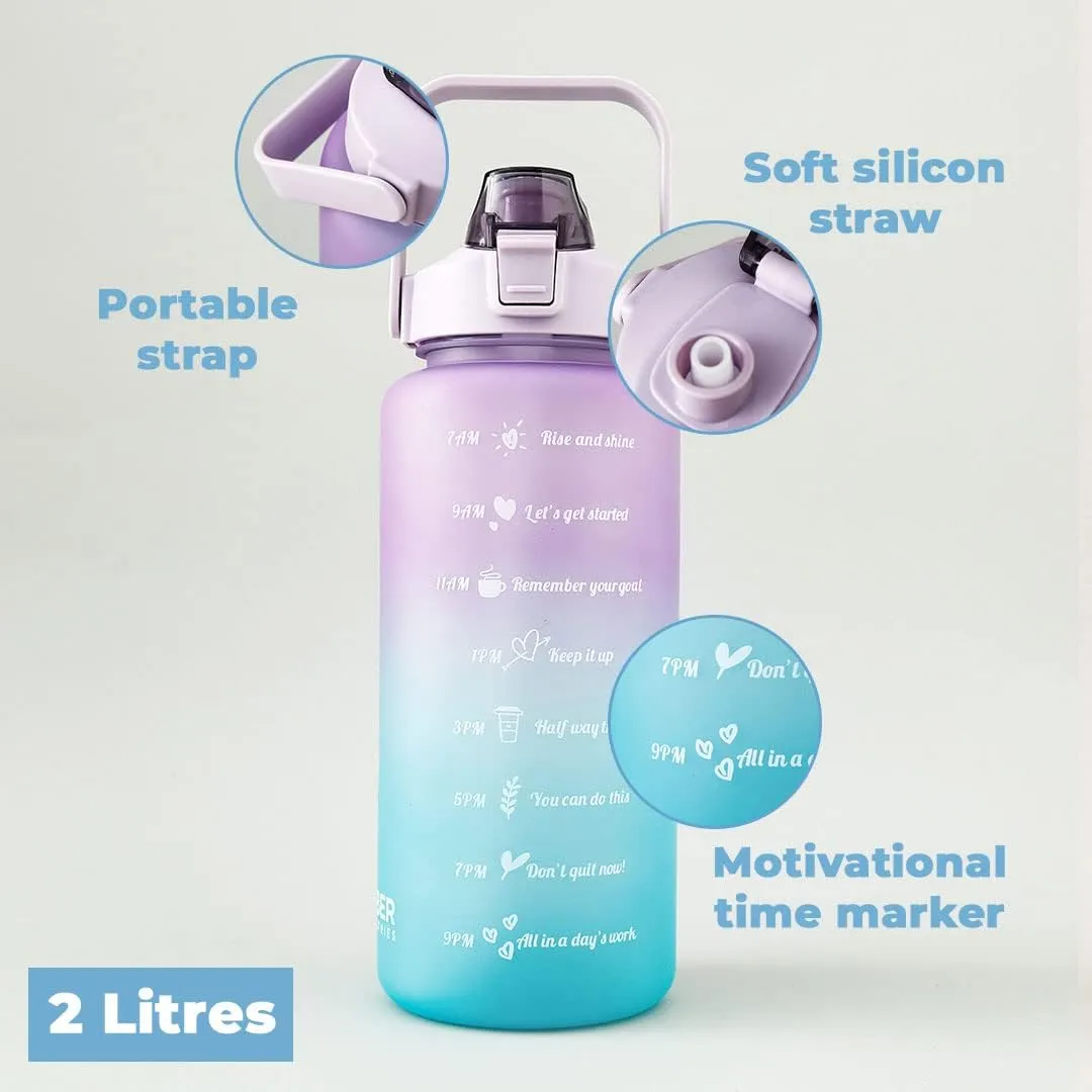 Kuber Industries Motivational 2 LTR Water Bottle with Time Marker|BPA Free,Leakproof,Non-Toxic & Durable|Sipper Water Bottle for Kids & Adults with Straw|For Gym,Home,Office & School|Green (Pack Of 6)