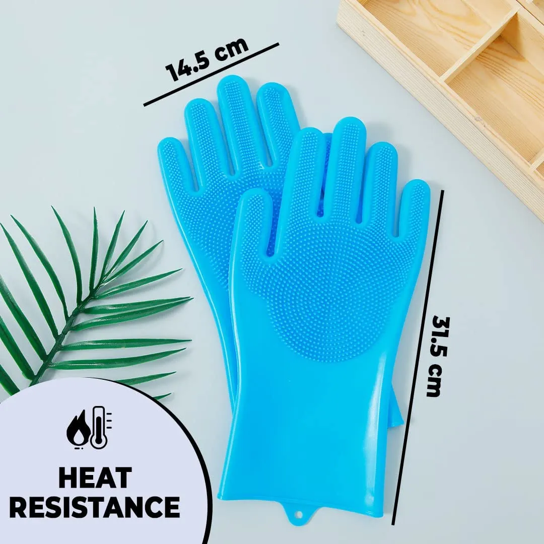 Kuber Industries Multi-Purpose Silicon Gloves For Kitchen Cleaning, Pet Grooming & Gardening|Reusable Gardening Gloves|Heat Resistant For Better Protection|Blue,Pack of4