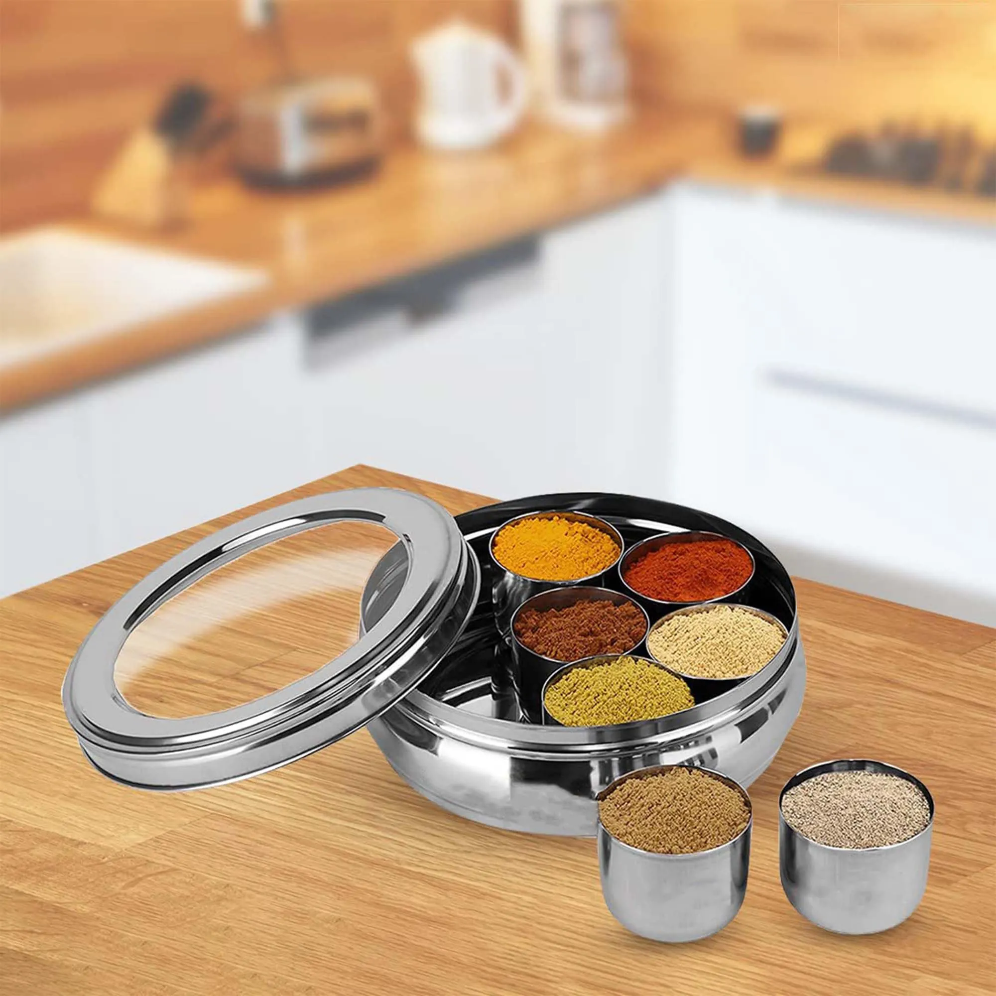 Kuber Industries Stainless Steel Air-Tight Masala Dani for Kitchen with Transparent See Through Lid | Includes 7 Masala Containers & 1 Spoon | Popula Dabba & Spice Box for Kitchen | Silver