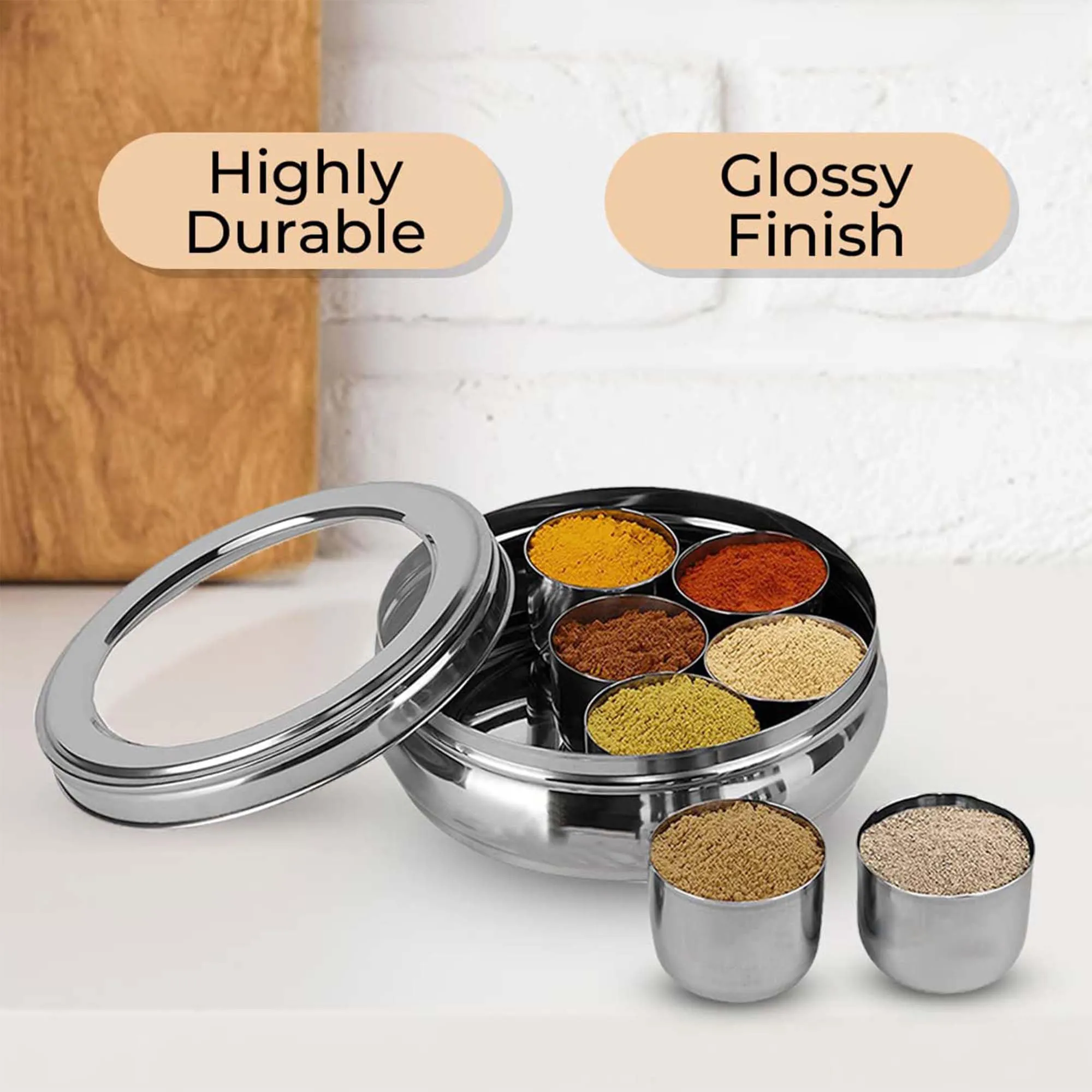 Kuber Industries Stainless Steel Air-Tight Masala Dani for Kitchen with Transparent See Through Lid | Includes 7 Masala Containers & 1 Spoon | Popula Dabba & Spice Box for Kitchen | Silver