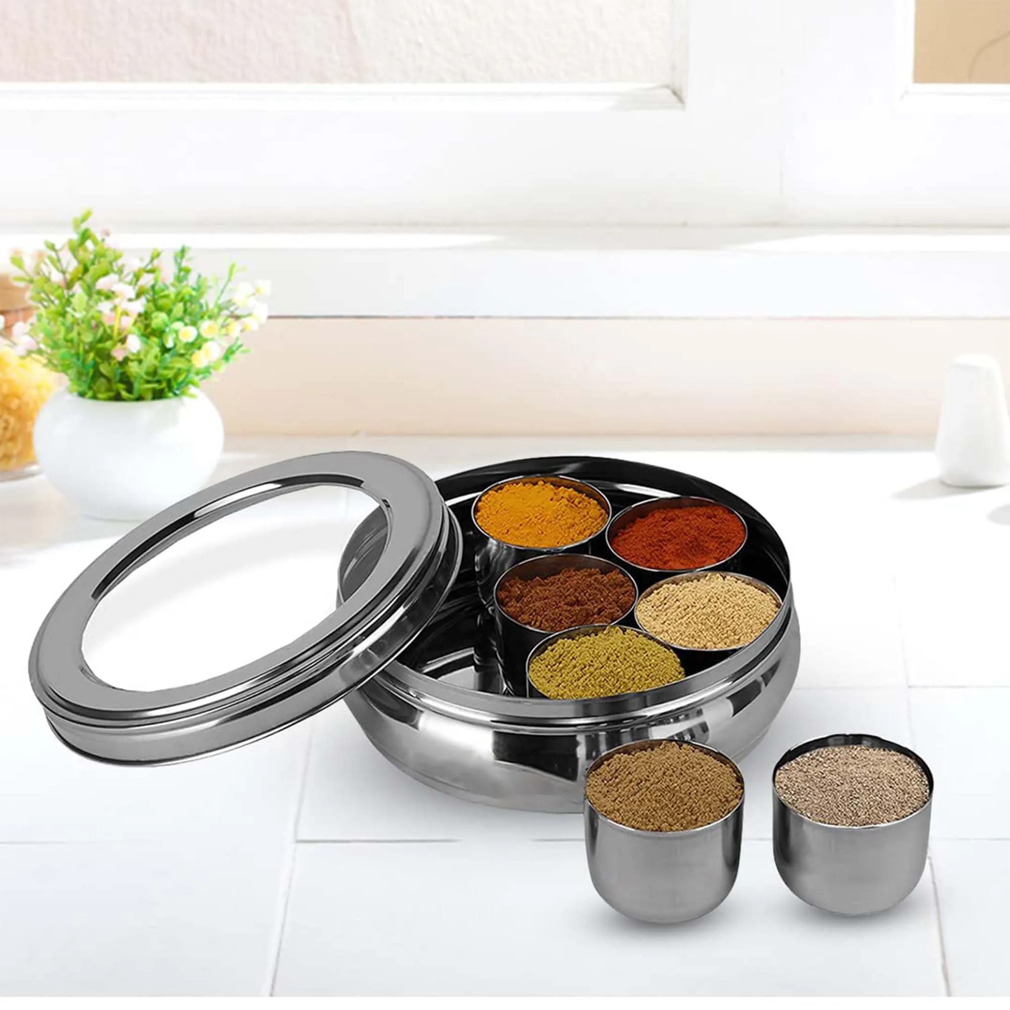 Kuber Industries Stainless Steel Air-Tight Masala Dani for Kitchen with Transparent See Through Lid | Includes 7 Masala Containers & 1 Spoon | Popula Dabba & Spice Box for Kitchen | Silver