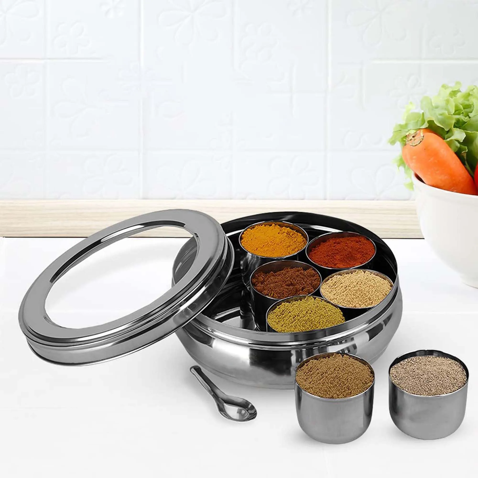 Kuber Industries Stainless Steel Air-Tight Masala Dani for Kitchen with Transparent See Through Lid | Includes 7 Masala Containers & 1 Spoon | Popula Dabba & Spice Box for Kitchen | Silver