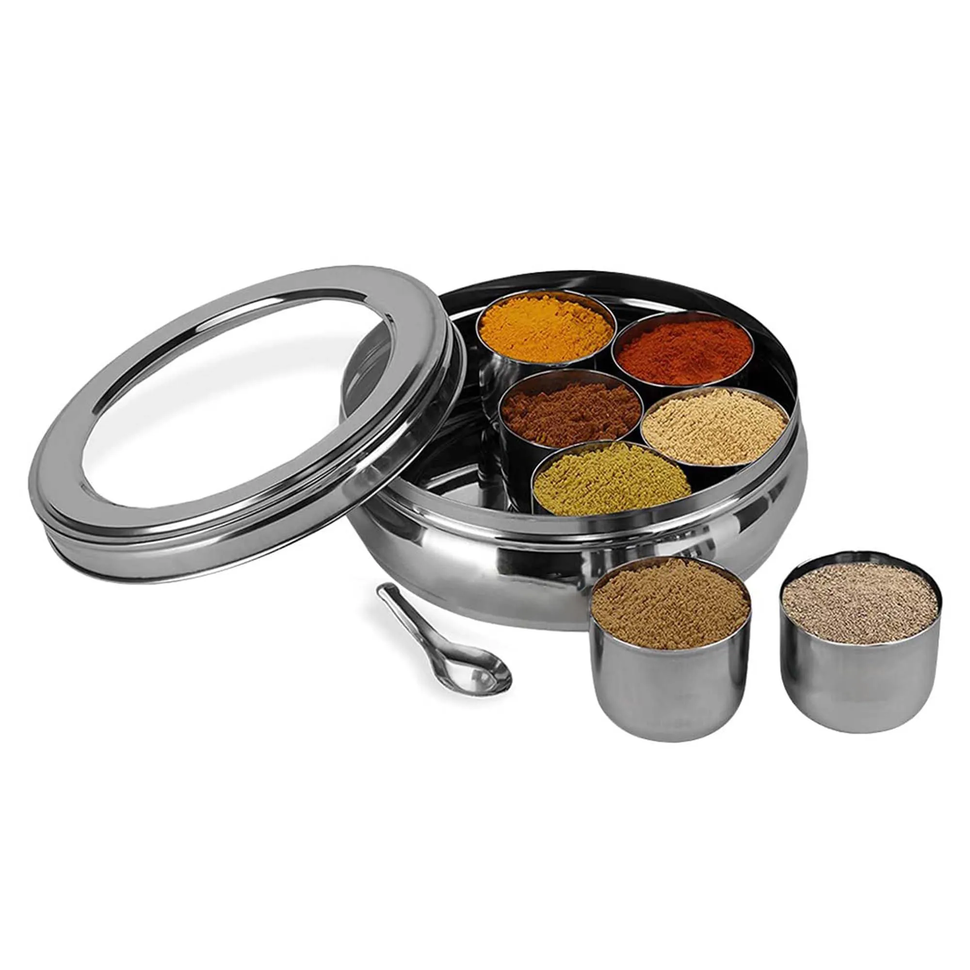 Kuber Industries Stainless Steel Air-Tight Masala Dani for Kitchen with Transparent See Through Lid | Includes 7 Masala Containers & 1 Spoon | Popula Dabba & Spice Box for Kitchen | Silver