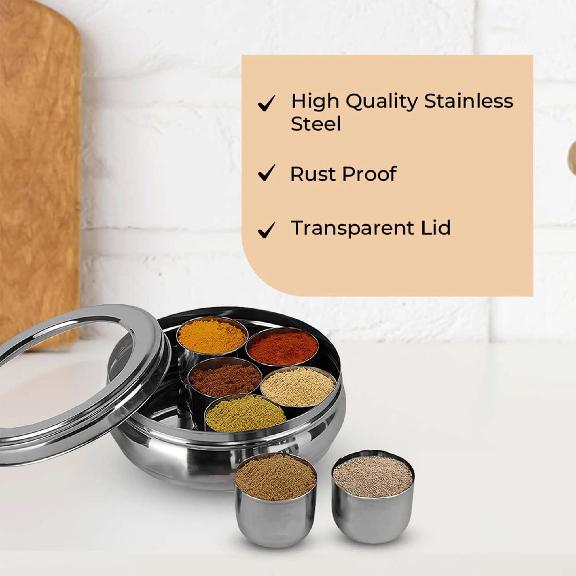 Kuber Industries Stainless Steel Air-Tight Masala Dani for Kitchen with Transparent See Through Lid | Includes 7 Masala Containers & 1 Spoon | Popula Dabba & Spice Box for Kitchen | Silver