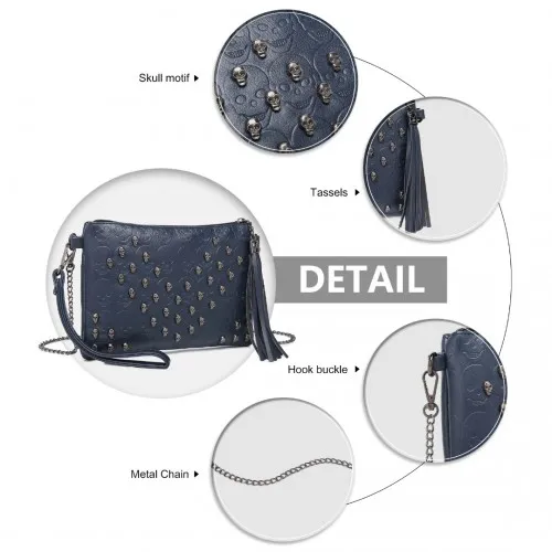 Miss Lulu Navy Soft PU Ultra-Lightweight Clutch Bag with Skull Embossing, Tassel Detail & Long Chain Shoulder Strap