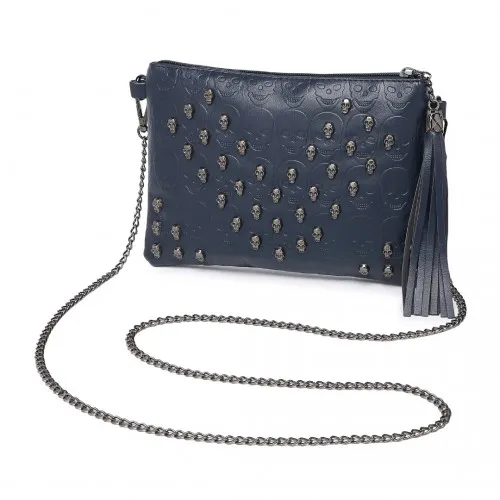 Miss Lulu Navy Soft PU Ultra-Lightweight Clutch Bag with Skull Embossing, Tassel Detail & Long Chain Shoulder Strap