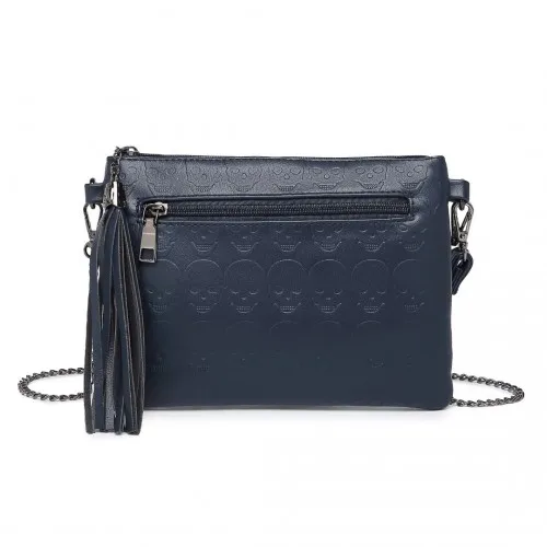 Miss Lulu Navy Soft PU Ultra-Lightweight Clutch Bag with Skull Embossing, Tassel Detail & Long Chain Shoulder Strap