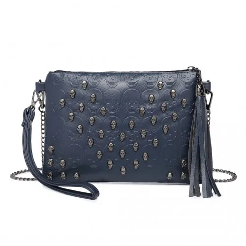 Miss Lulu Navy Soft PU Ultra-Lightweight Clutch Bag with Skull Embossing, Tassel Detail & Long Chain Shoulder Strap