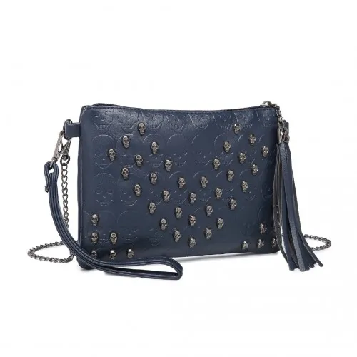 Miss Lulu Navy Soft PU Ultra-Lightweight Clutch Bag with Skull Embossing, Tassel Detail & Long Chain Shoulder Strap