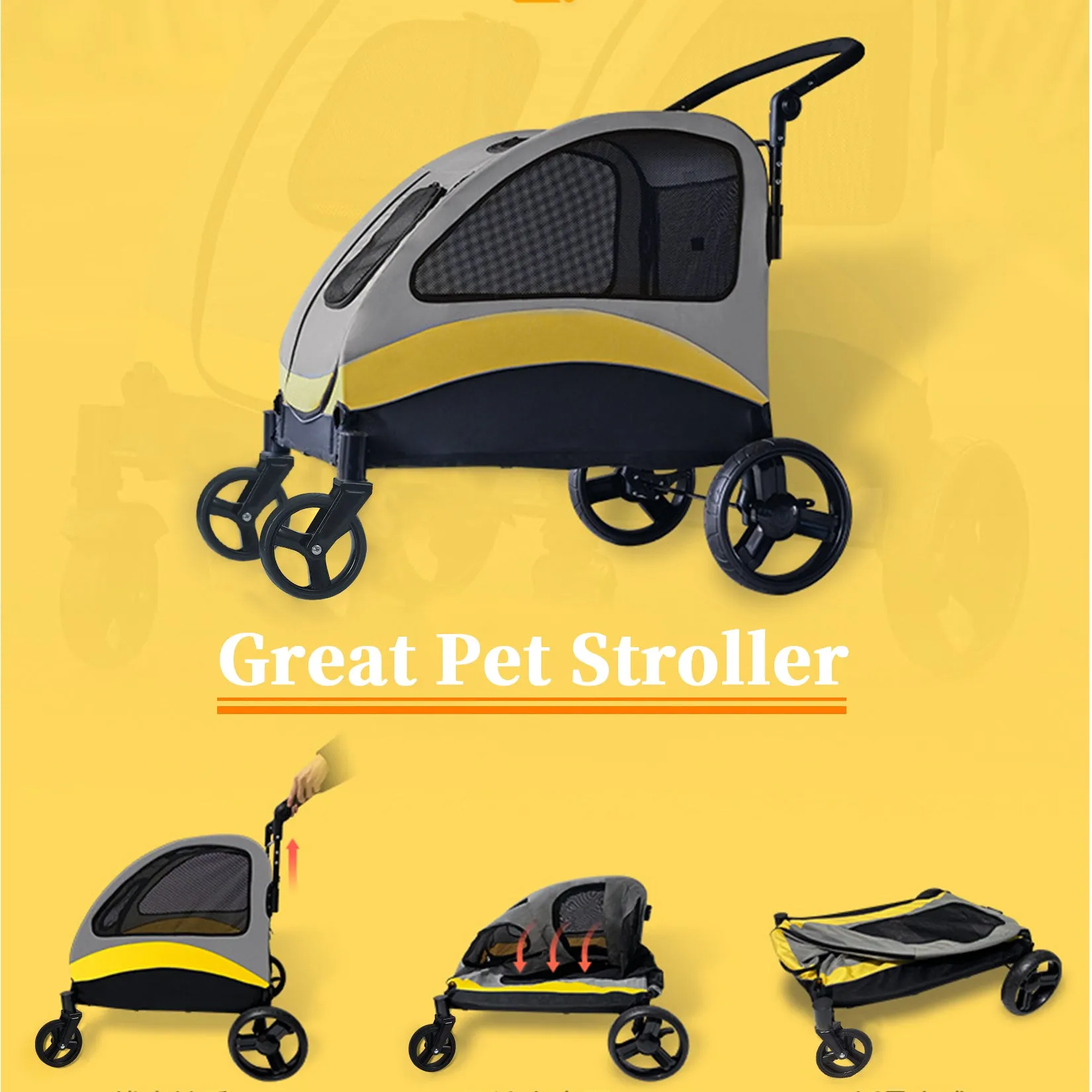 Pet Stroller for Large Dogs Foldable Pet Cat Travel Carriage Stroller 4 Wheels