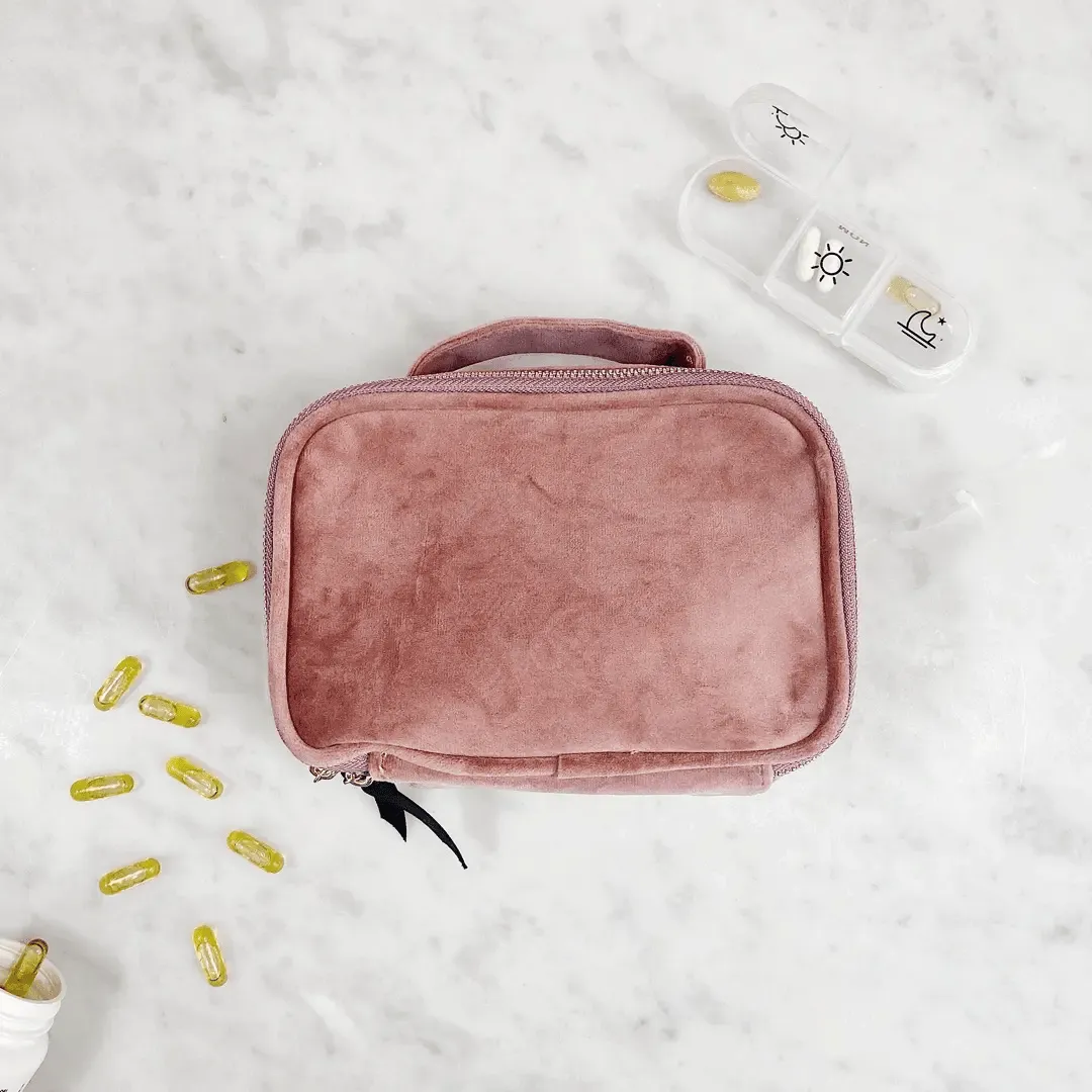 Pill Box with Handle & Weekly Pill Organizer, Pink Velvet