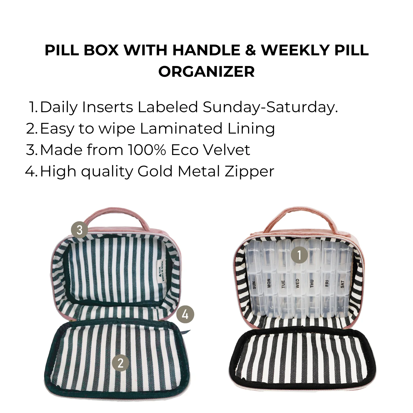 Pill Box with Handle & Weekly Pill Organizer, Pink Velvet