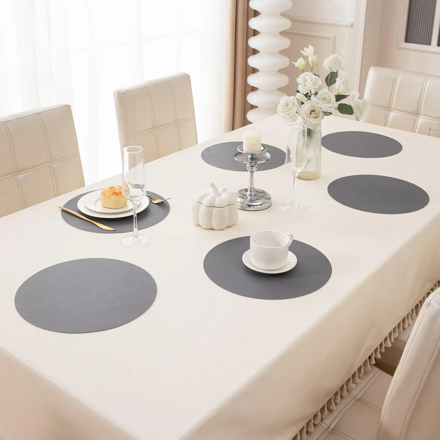 Premium Faux Leather Dining Table Round Mats, Anchor Grey