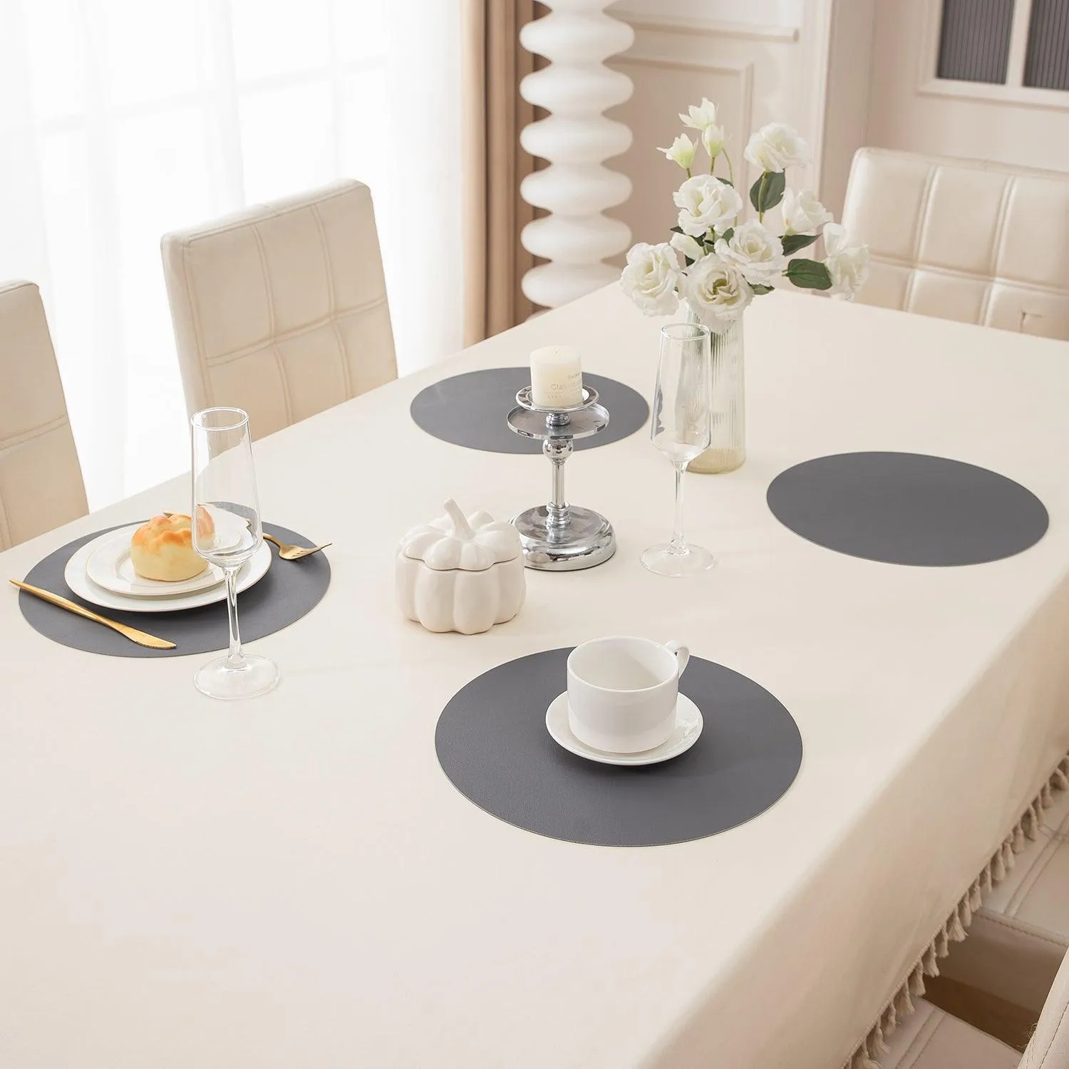 Premium Faux Leather Dining Table Round Mats, Anchor Grey