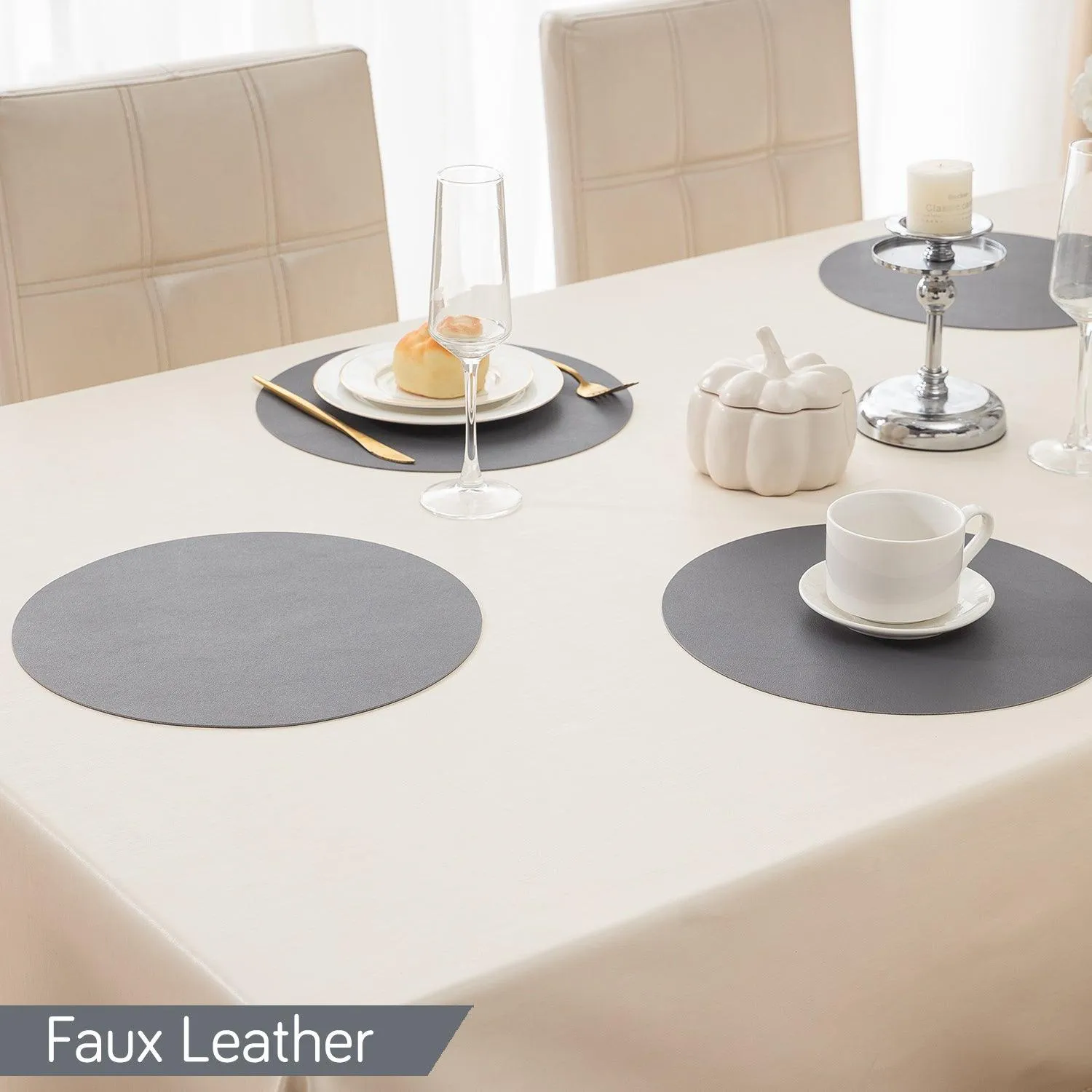 Premium Faux Leather Dining Table Round Mats, Anchor Grey