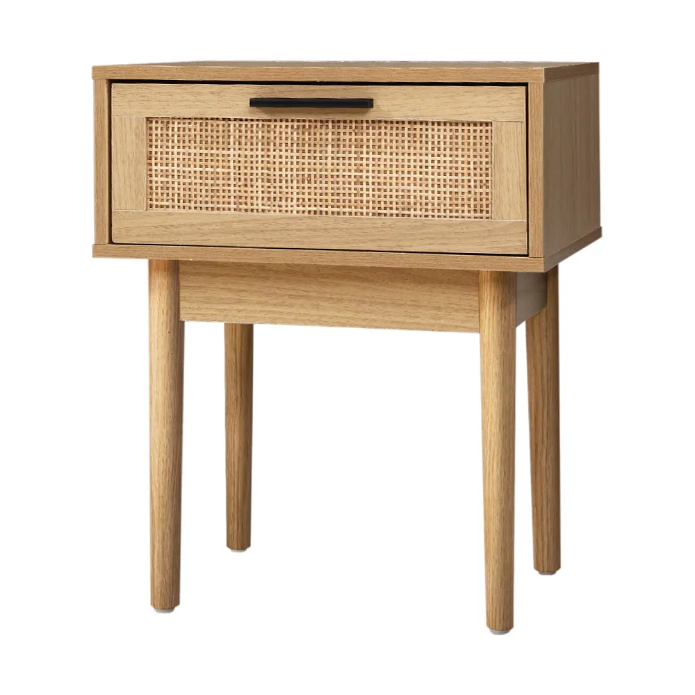 Real Rattan Wood Bedside Table 1 Drawer Anti-Scratch - Artiss