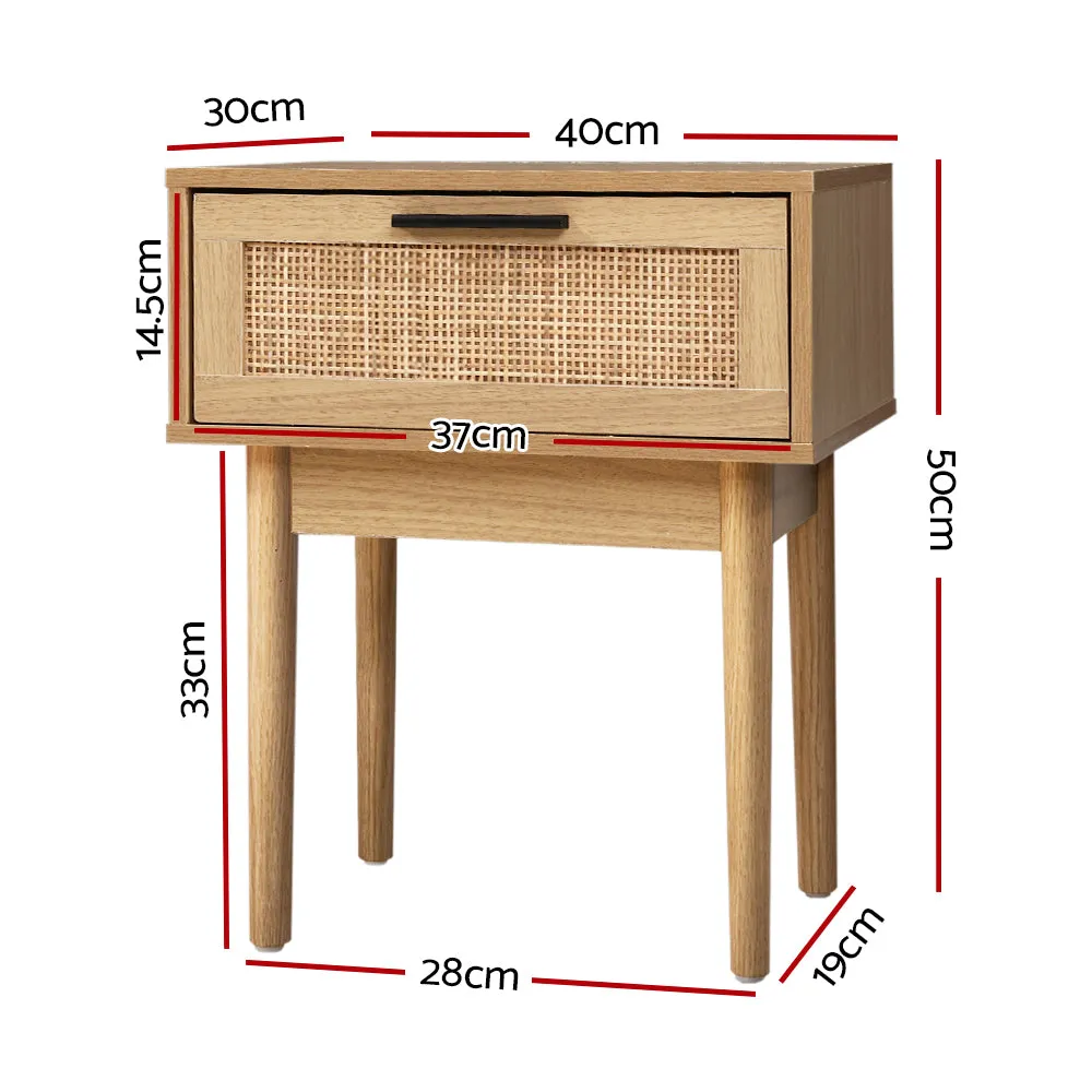 Real Rattan Wood Bedside Table 1 Drawer Anti-Scratch - Artiss