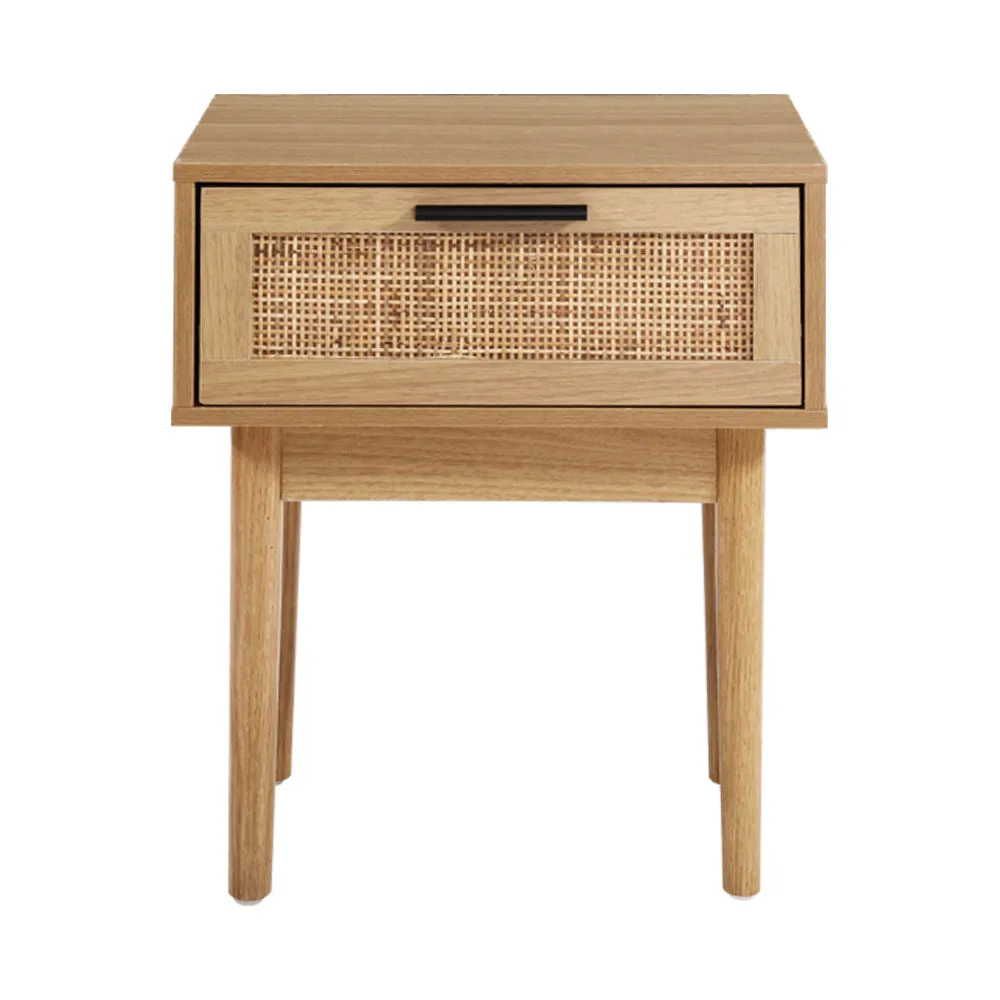 Real Rattan Wood Bedside Table 1 Drawer Anti-Scratch - Artiss