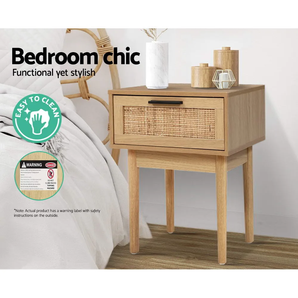 Real Rattan Wood Bedside Table 1 Drawer Anti-Scratch - Artiss