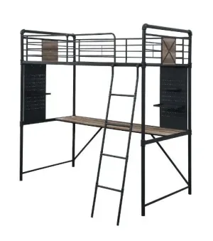 Rosemary Twin Loft Bed w/Desk, Antique Oak, Black & Dark Bronze Hand-Brushed Finish