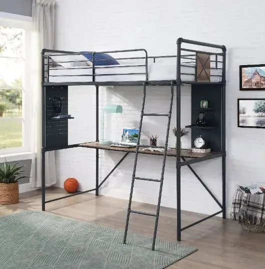 Rosemary Twin Loft Bed w/Desk, Antique Oak, Black & Dark Bronze Hand-Brushed Finish